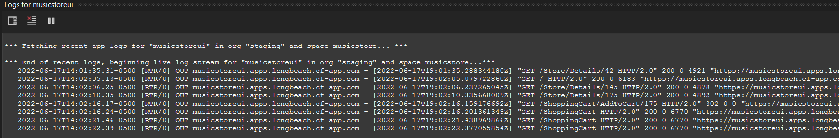 Image of log output from an application