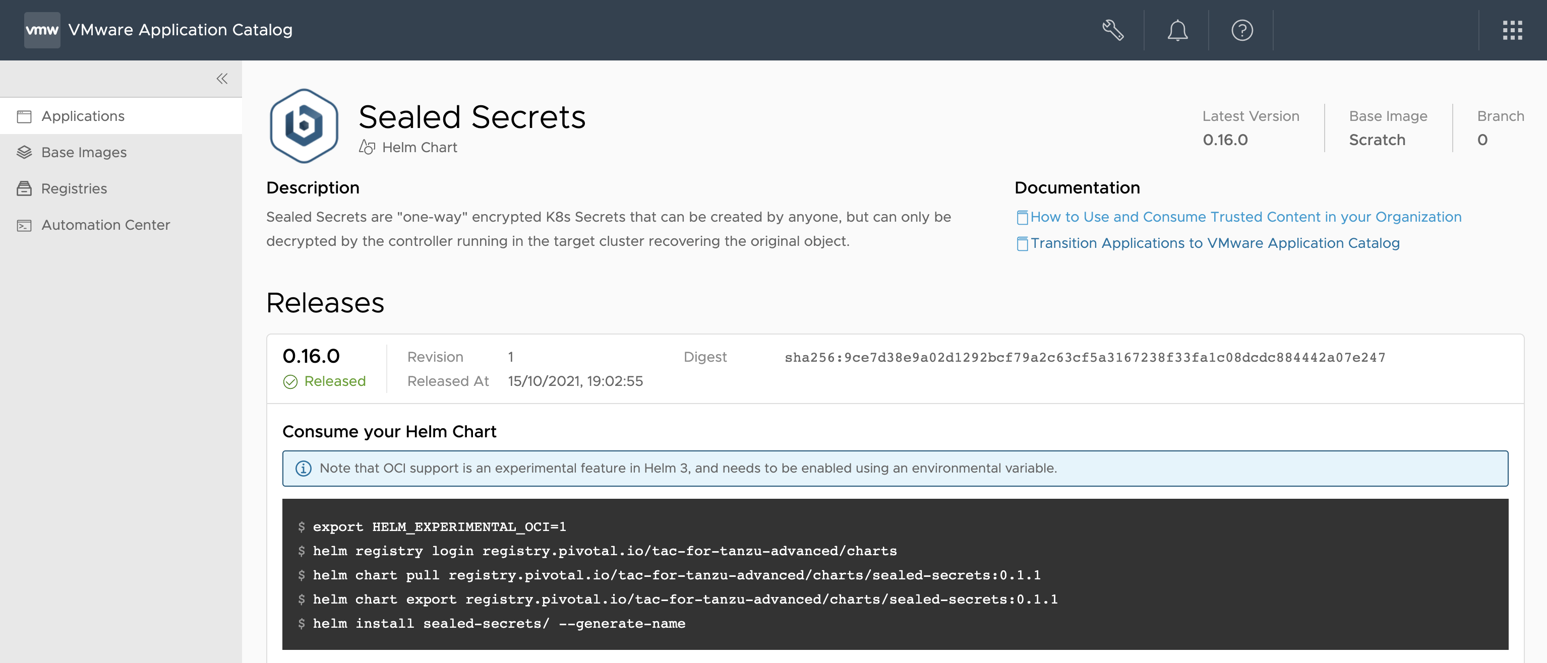 VMware Application Catalog Sealed Secrets Helm chart details page