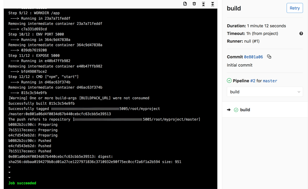 GitLab pipeline build output