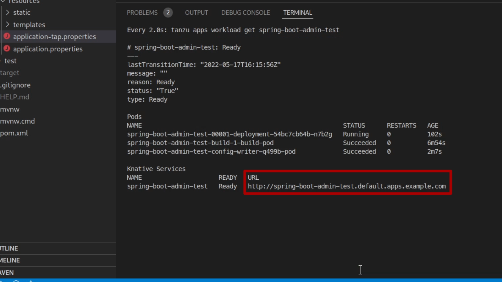 Image of the tanzu cli showing the Spring Boot Admin application&rsquo;s URL