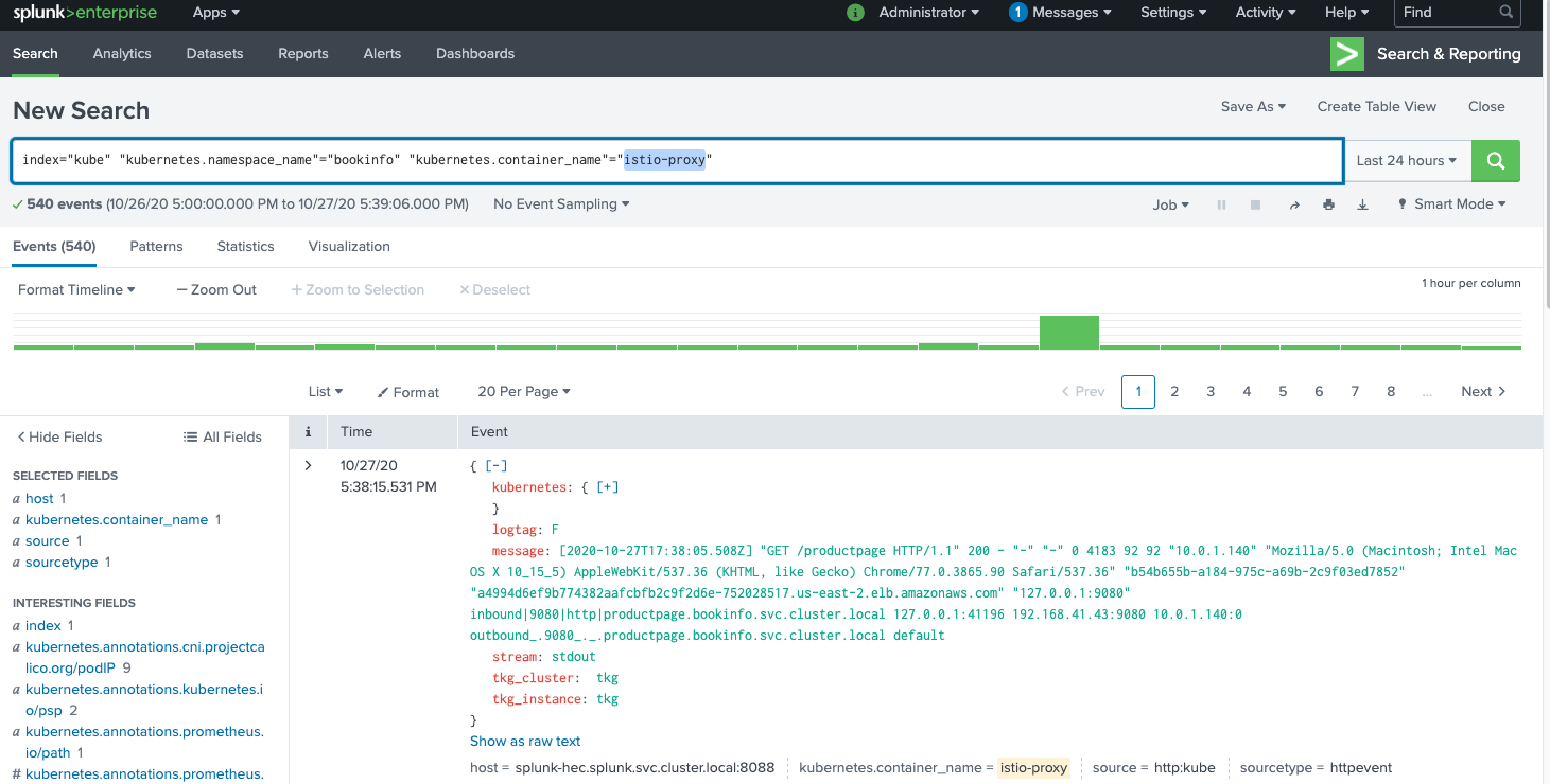 splunk: logs for Istio data plane proxy