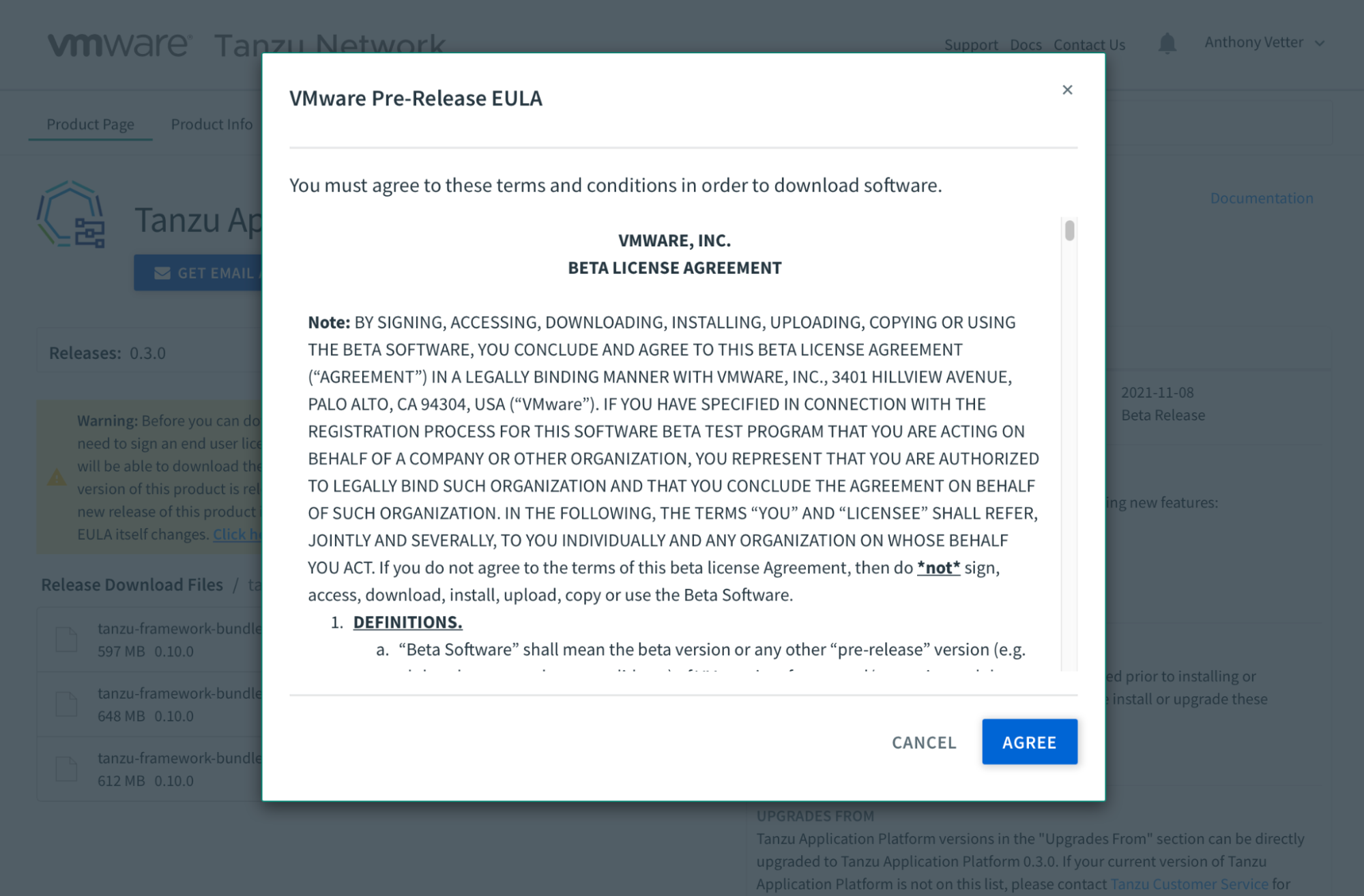 The pre-release EULA for the Tanzu Network