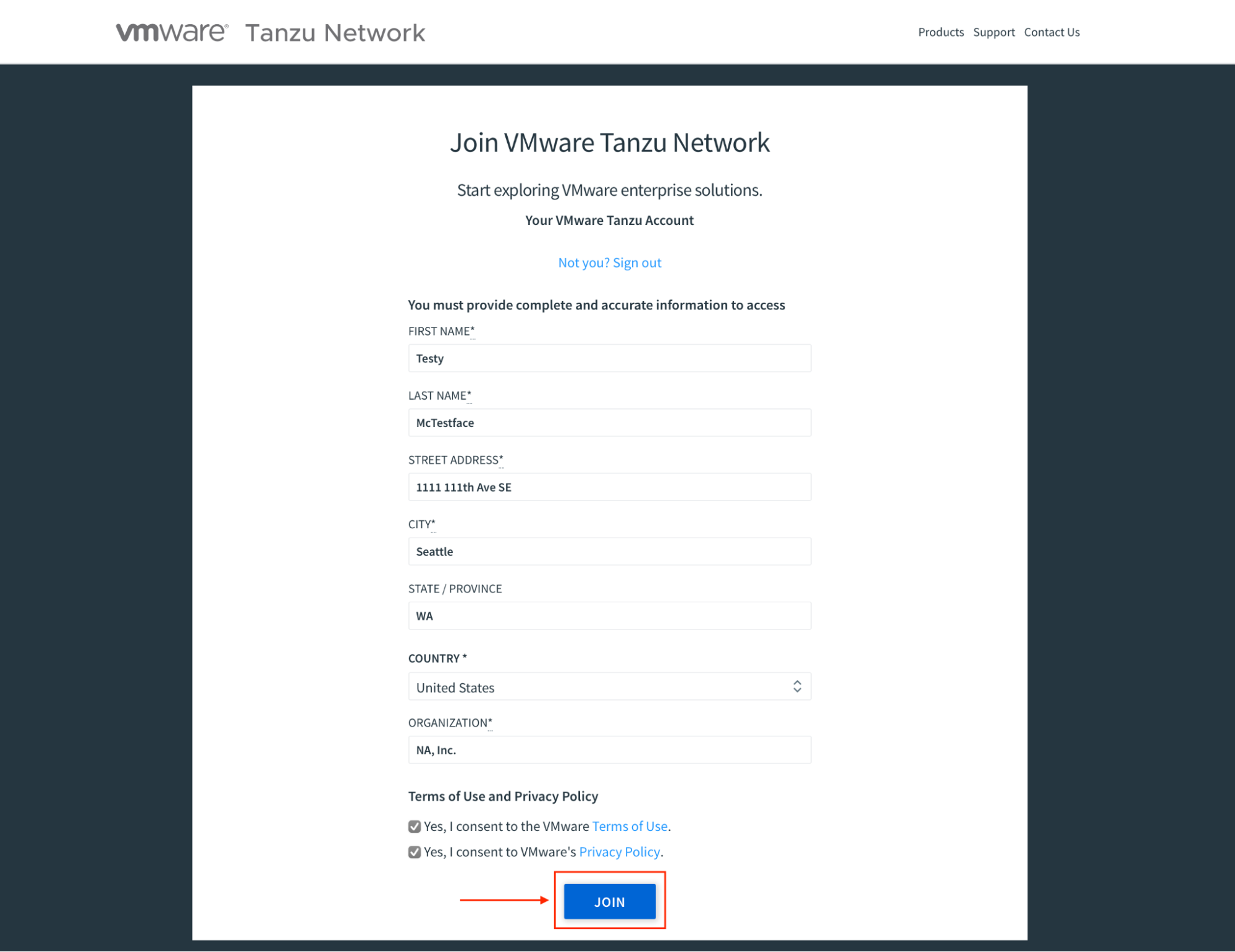 The account creation page for the Tanzu Network