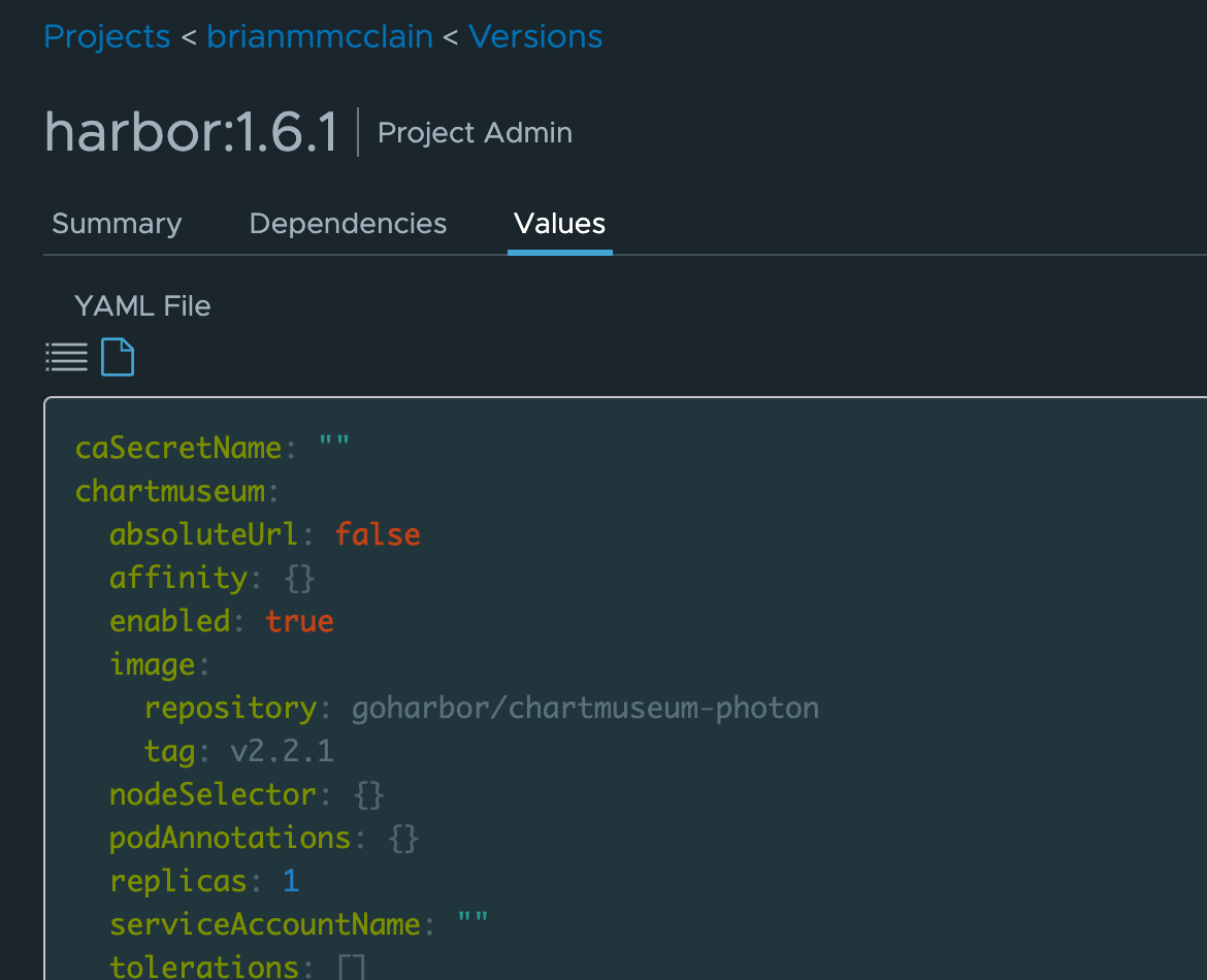 Showing the values for a Helm chart in Harbor