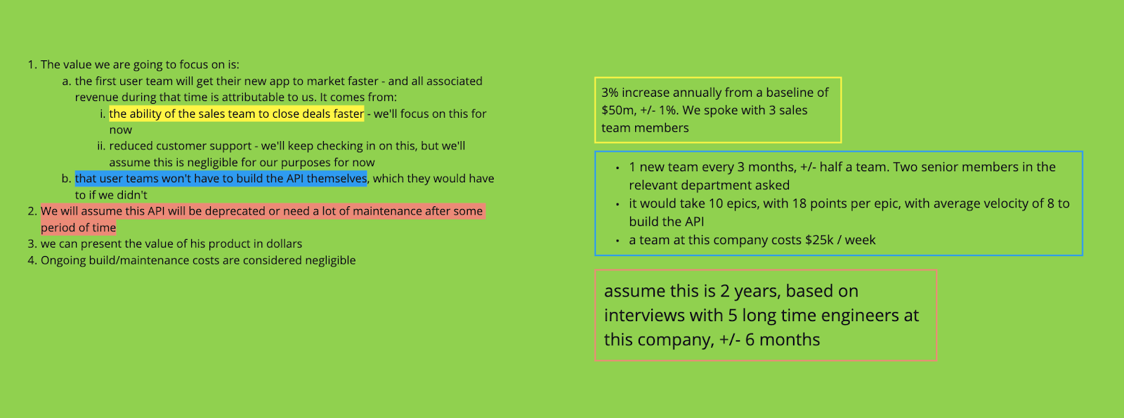 Example input numbers mapped back to related parts of the identified value assumption outline